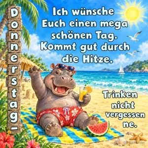 Nilpferd mit Sonnenbrille und Saft winkt am Strand, Text: Donnerstag – Ich wünsche Euch einen mega schönen Tag. Kommt gut durch die Hitze. Trinken nicht vergessen ne.