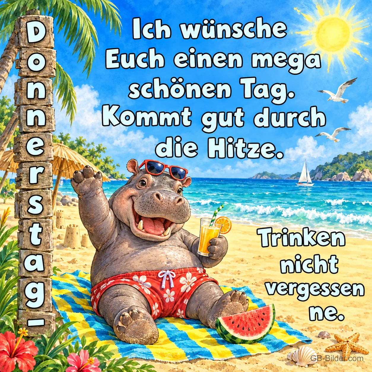 Nilpferd mit Sonnenbrille und Saft winkt am Strand, Text: Donnerstag – Ich wünsche Euch einen mega schönen Tag. Kommt gut durch die Hitze. Trinken nicht vergessen ne.