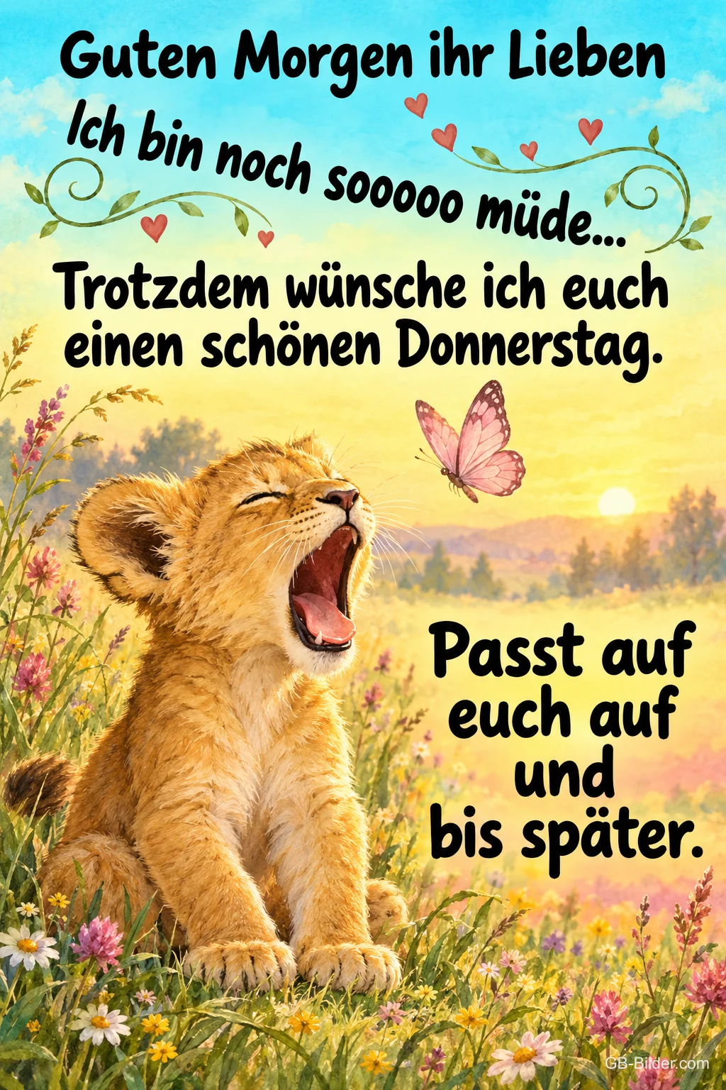 Gähnendes Löwenjunges, Text: Guten Morgen ihr Lieben