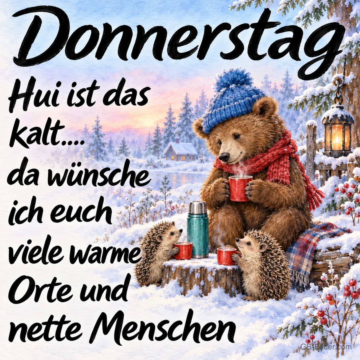 Bär mit Tee im Schnee, Text: Donnerstag
