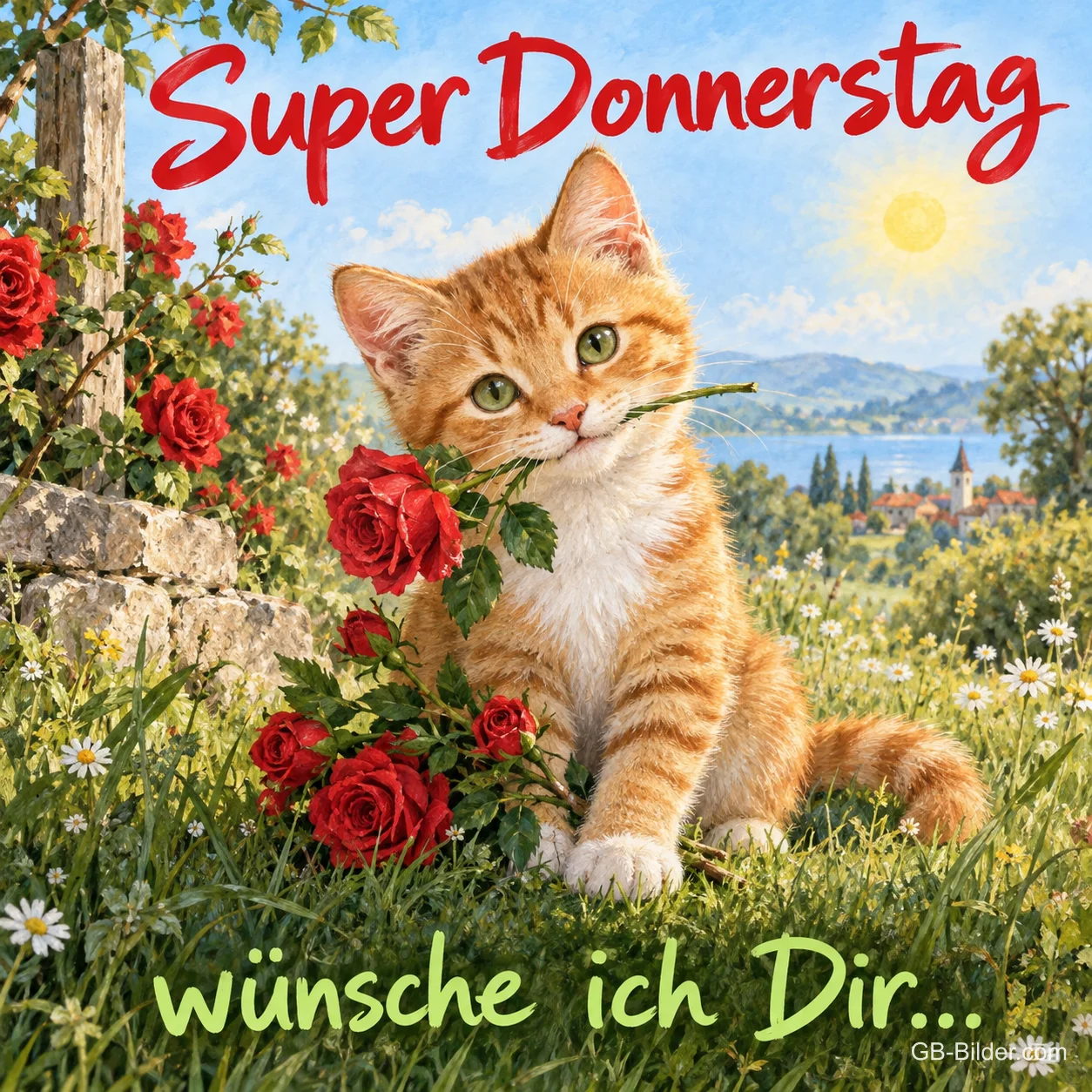 Rotes Kätzchen mit einer Rose im Maul im Garten, Text: Super Donnerstag wünsche ich Dir…