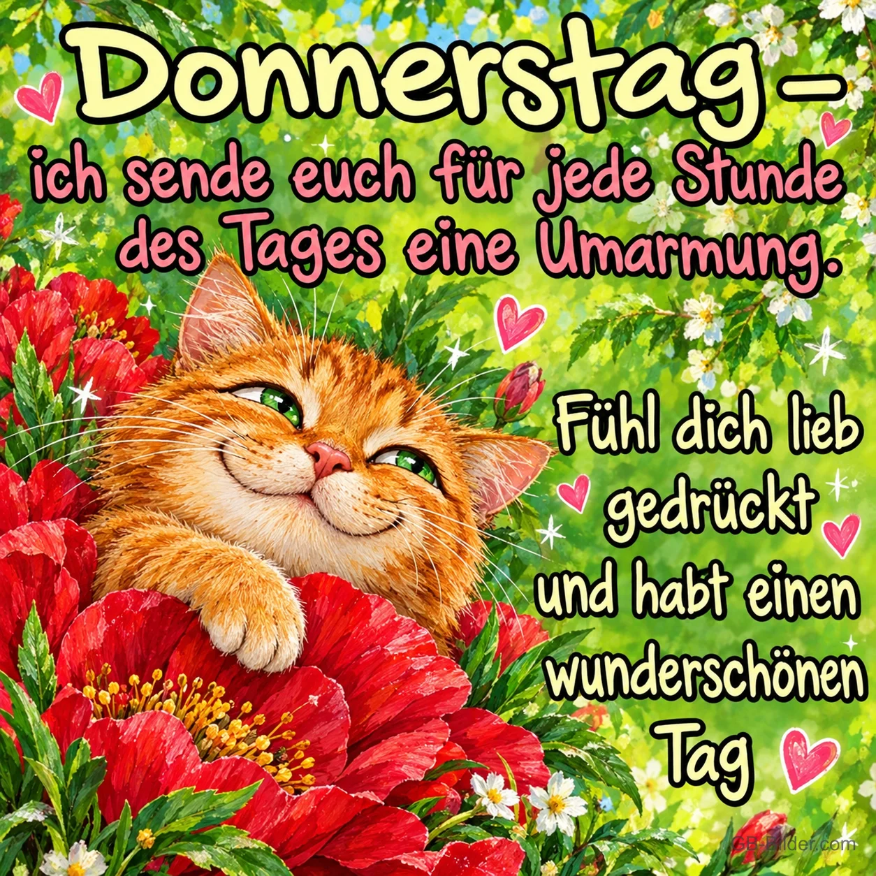 Lächelnde rote Katze liegt zwischen roten Blumen, Text: Donnerstag – ich sende euch für jede Stunde des Tages eine Umarmung. Fühl dich lieb gedrückt und habt einen wunderschönen Tag