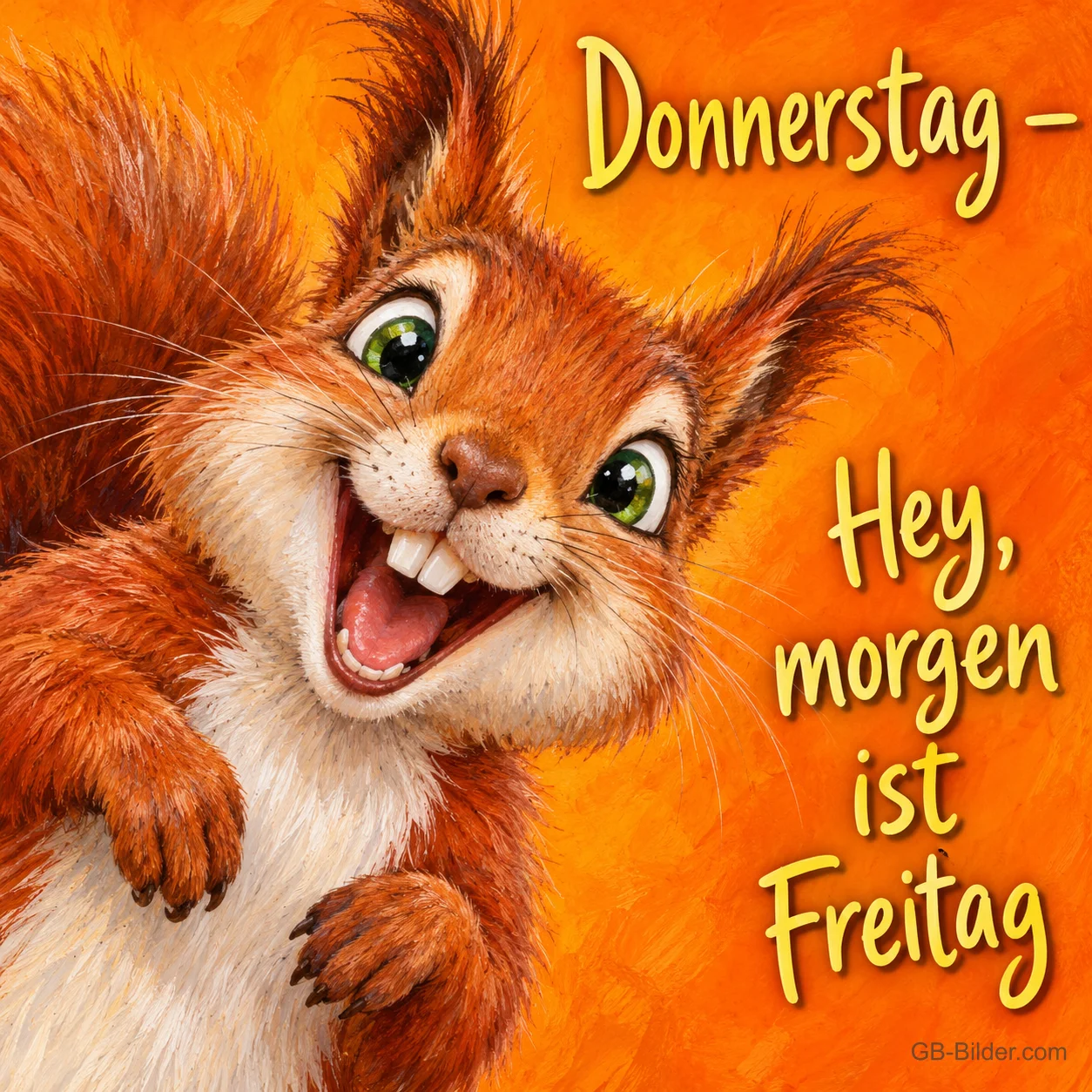 Eichhörnchen grinst mit großen Zähnen, Text: Donnerstag – Hey, morgen ist Freitag