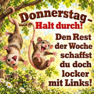 Zwei Opossums hängen lachend an ihren Schwänzen vom Ast, Text: Donnerstag – Halt durch! Den Rest der Woche schaffst du doch locker mit Links!