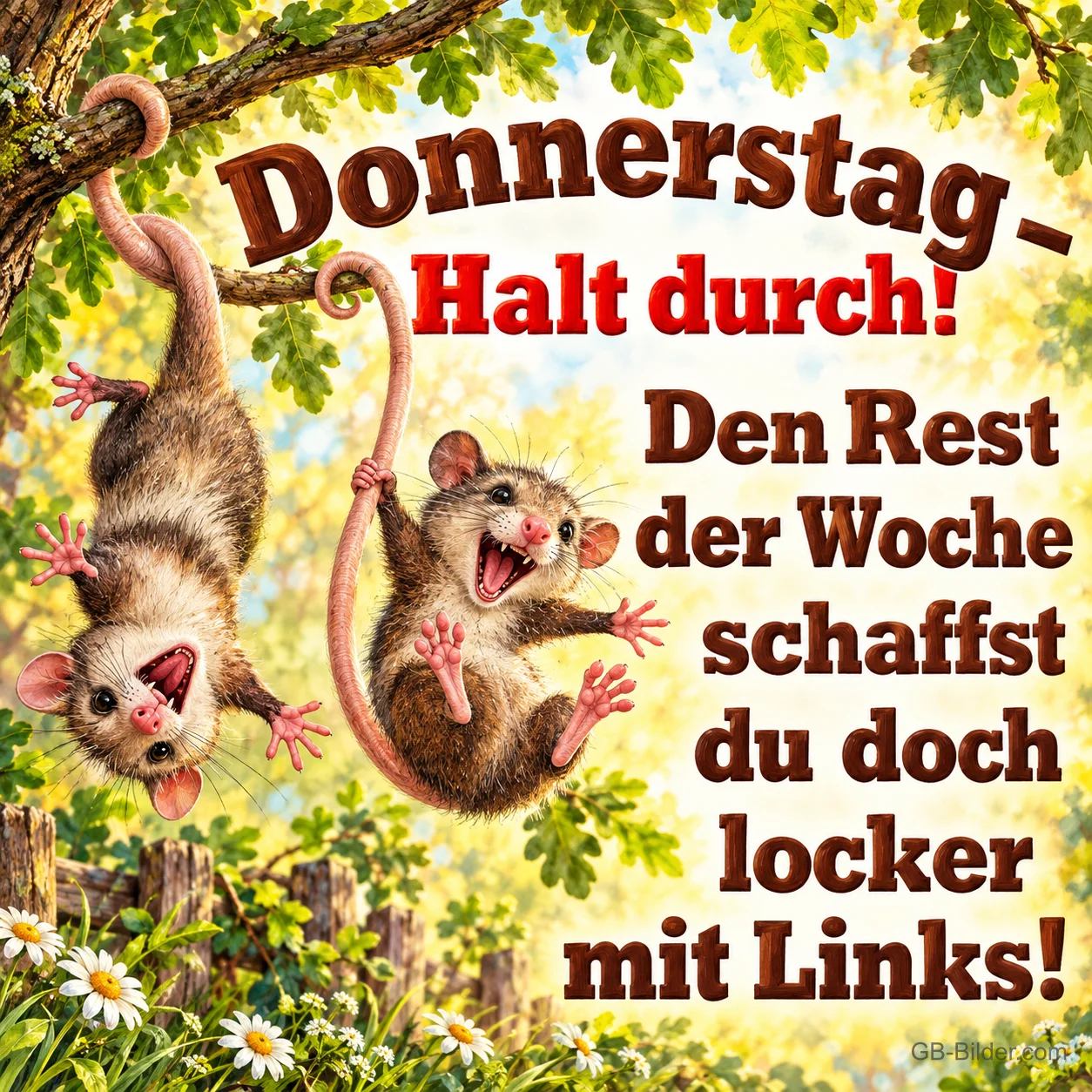 Zwei Opossums hängen lachend an ihren Schwänzen vom Ast, Text: Donnerstag – Halt durch! Den Rest der Woche schaffst du doch locker mit Links!