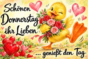 Küken mit Blumenstrauß zwinkert zwischen roten Herzen, Text: Schönen Donnerstag ihr Lieben … genießt den Tag