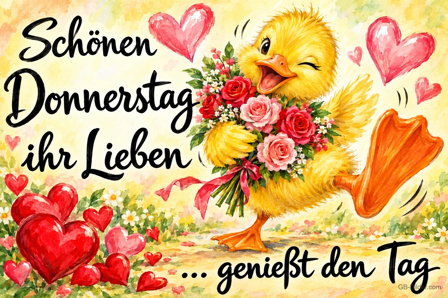 Küken mit Blumenstrauß zwinkert zwischen roten Herzen, Text: Schönen Donnerstag ihr Lieben … genießt den Tag