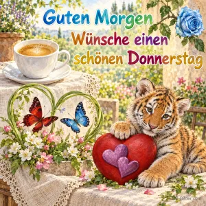 Tigerbaby neben einem roten Herz und einer Tasse Kaffee, Text: Guten Morgen – Wünsche einen schönen Donnerstag