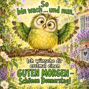 Grüner Vogel mit großen Augen breitet die Flügel auf einem Ast aus, Text: So bin wach … und nun. Ich wünsche dir erstmal einen GUTEN MORGEN – Schönen Donnerstag!