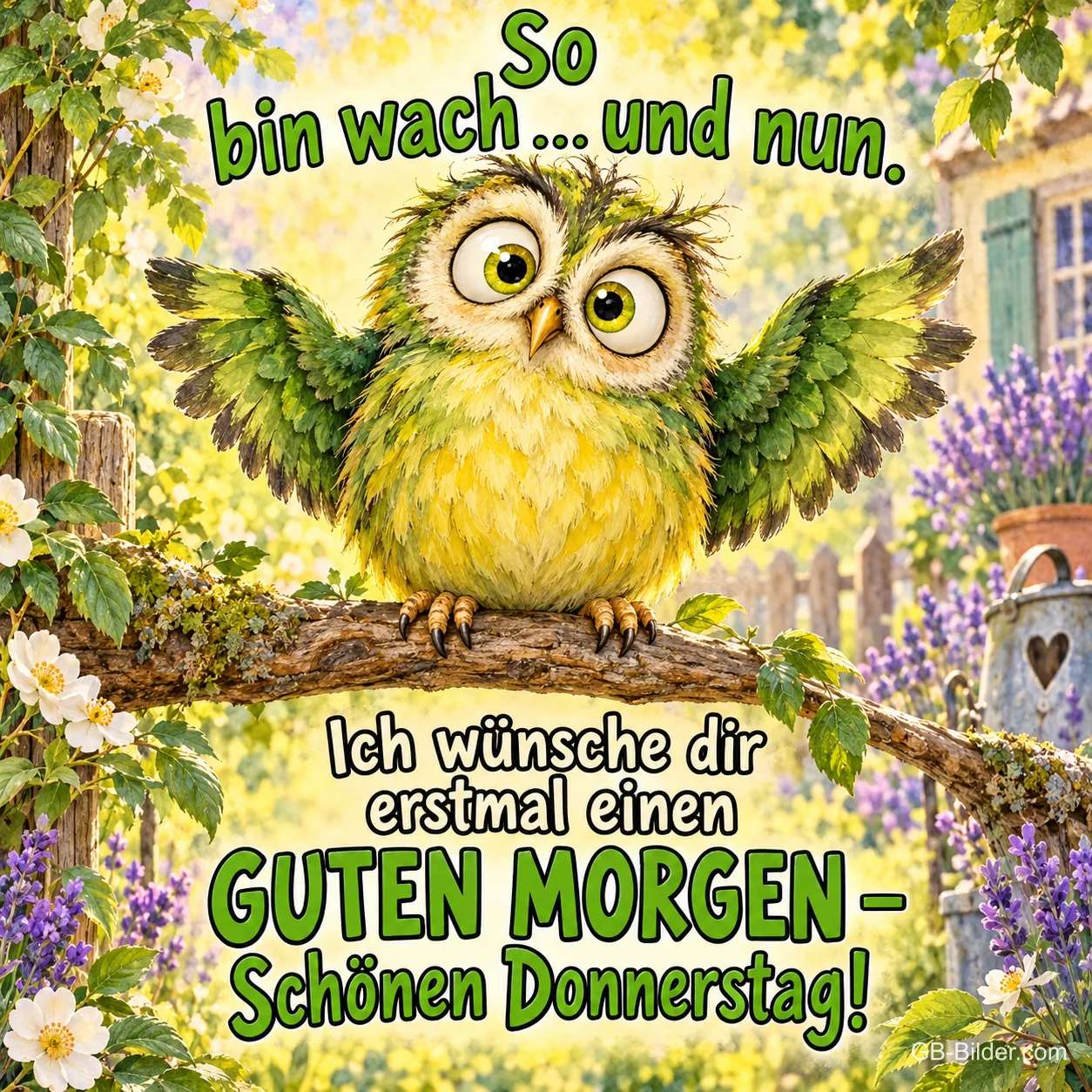 Grüner Vogel mit großen Augen breitet die Flügel auf einem Ast aus, Text: So bin wach … und nun. Ich wünsche dir erstmal einen GUTEN MORGEN – Schönen Donnerstag! Grüner Vogel mit großen Augen breitet die Flügel auf einem Ast aus, Text: So bin wach … und nun. Ich wünsche dir erstmal einen GUTEN MORGEN – Schönen Donnerstag!