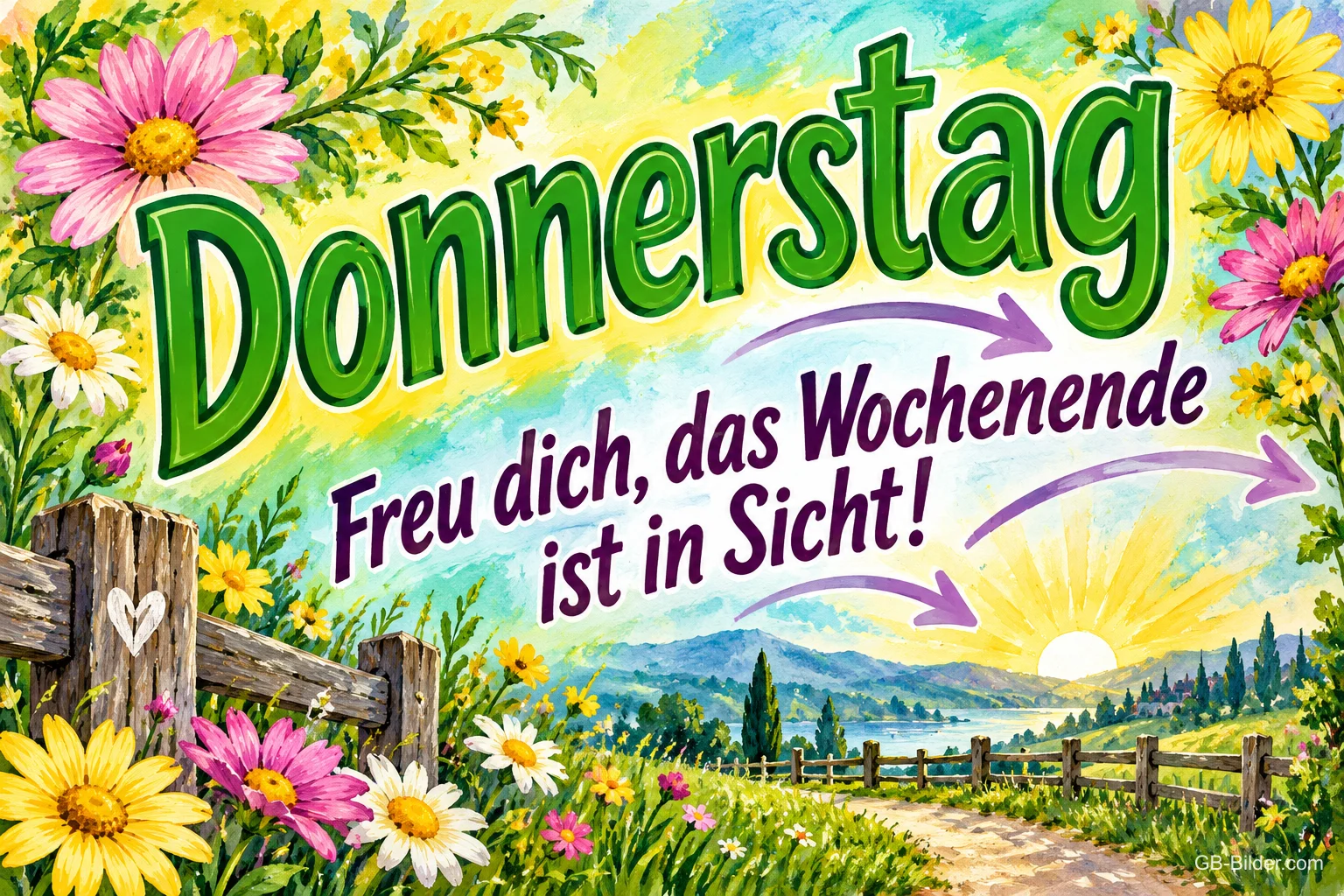Blumenwiese mit Weg und Holzzaun zur Sonne, Text: Donnerstag – Freu dich, das Wochenende ist in Sicht!