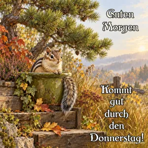 Streifenhörnchen sitzt in einem Blumentopf im Herbstgarten, Text: Guten Morgen – Kommt gut durch den Donnerstag!