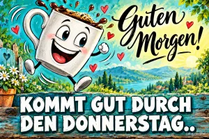 Lachende Kaffeetasse mit Beinchen hüpft vor einer Seenlandschaft, Text: Guten Morgen! KOMMT GUT DURCH DEN DONNERSTAG..