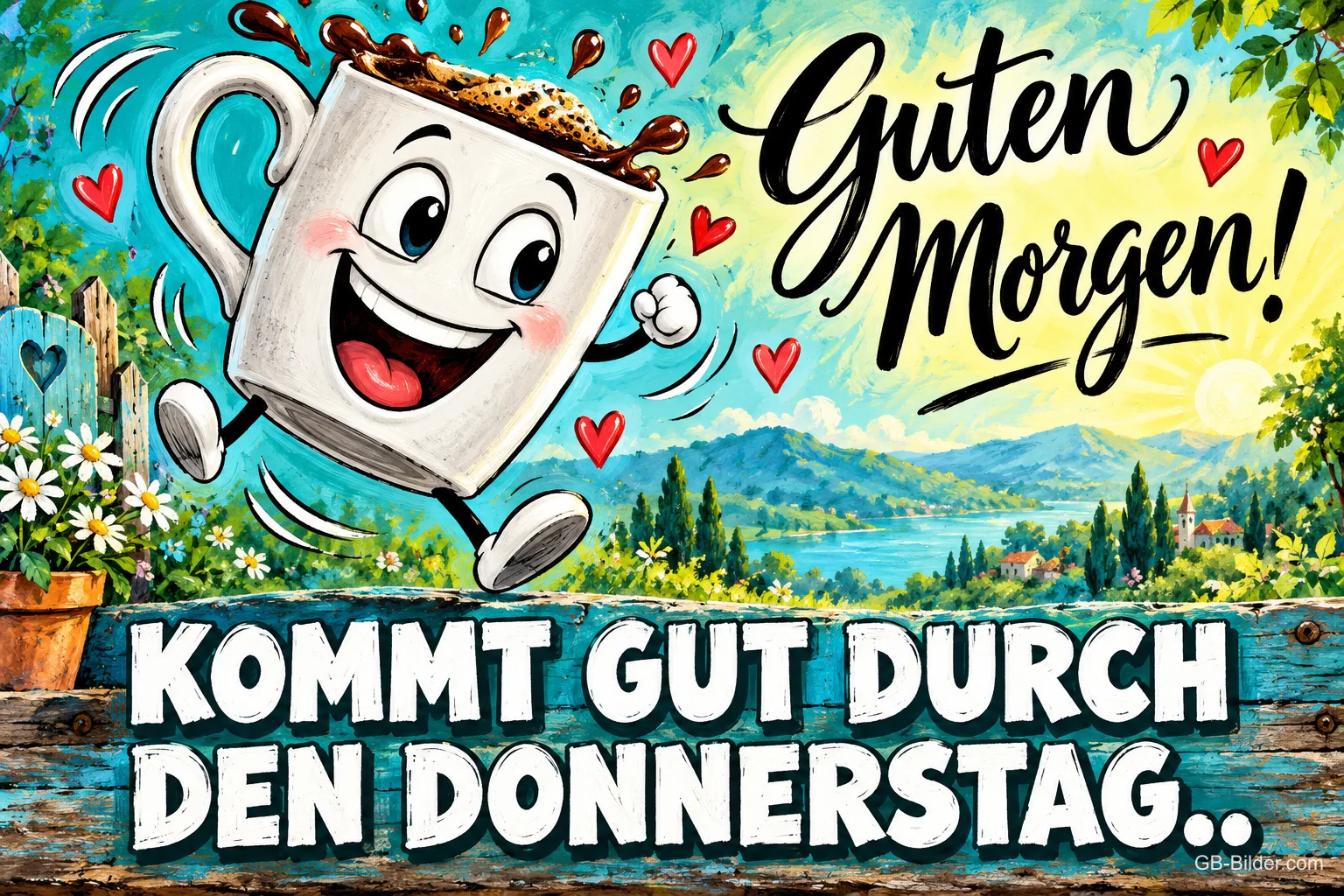 Lachende Kaffeetasse mit Beinchen hüpft vor einer Seenlandschaft, Text: Guten Morgen! KOMMT GUT DURCH DEN DONNERSTAG..