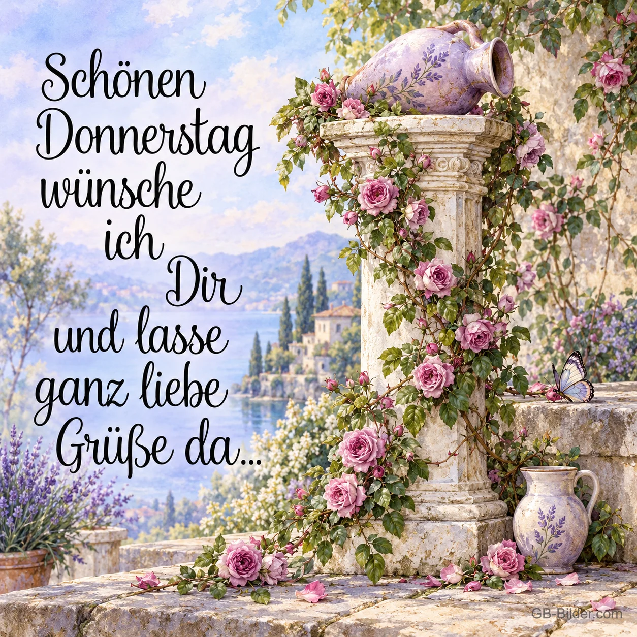 Steinsäule mit Kletterrosen und Krug am See, Text: Schönen Donnerstag wünsche ich Dir und lasse ganz liebe Grüße da…