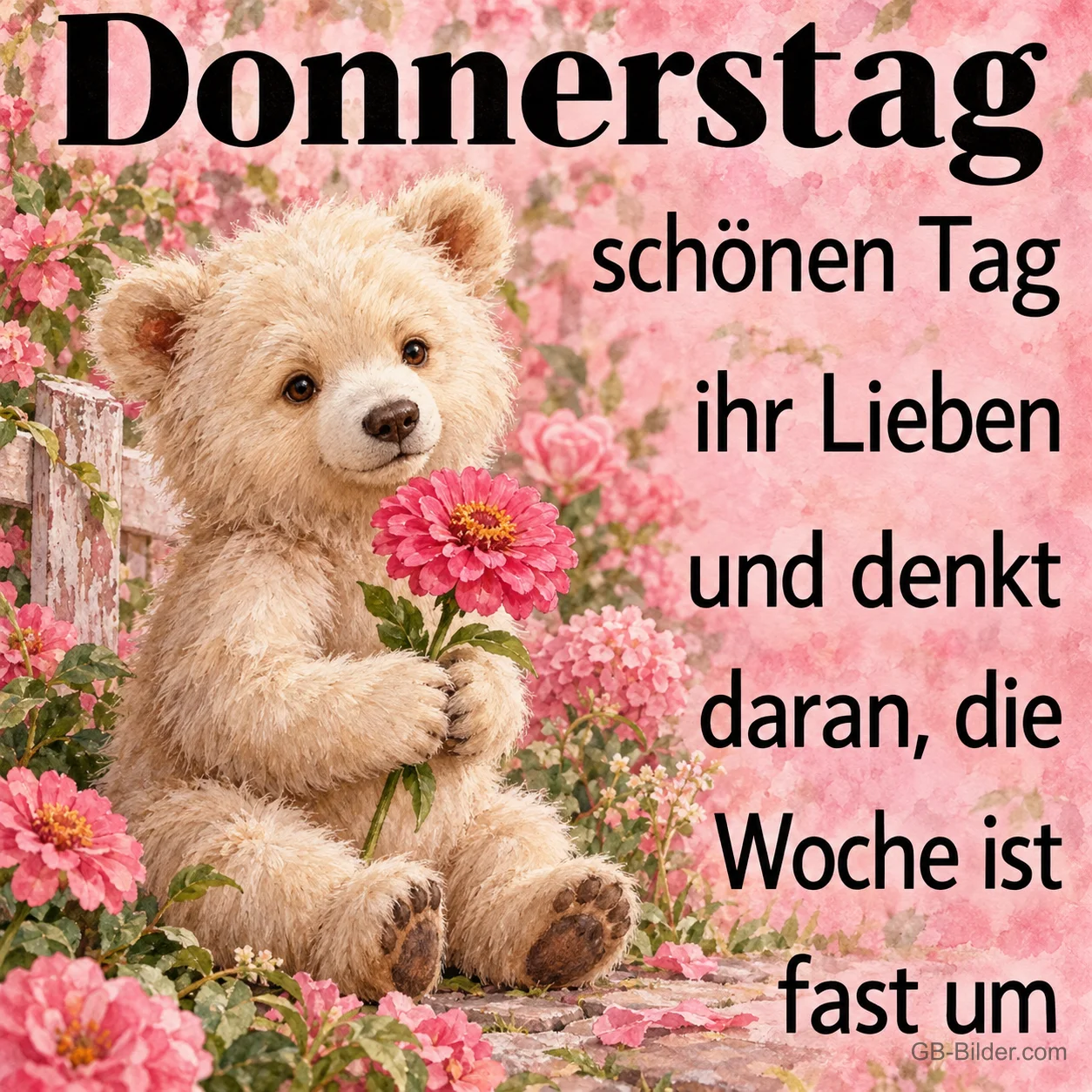 Teddybär hält eine rosa Blume zwischen Rosen, Text: Donnerstag – schönen Tag ihr Lieben und denkt daran, die Woche ist fast um