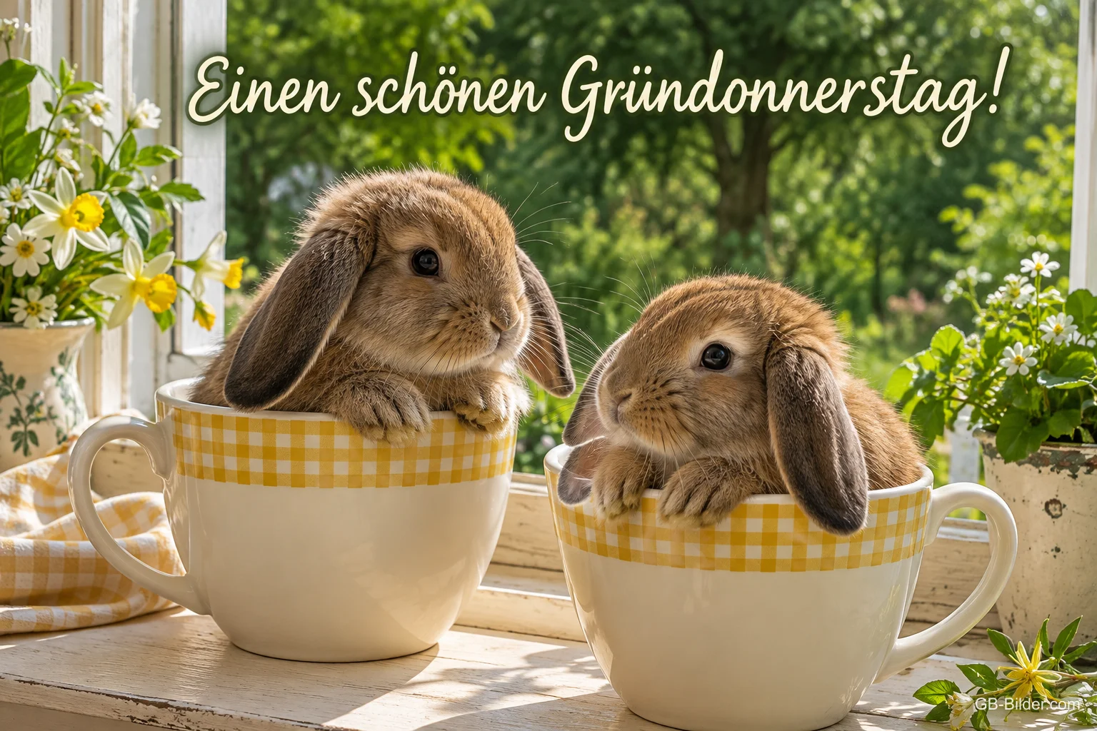 Zwei Widderkaninchen sitzen in Tassen am Fenster, Text: Einen schönen Gründonnerstag! Zwei Widderkaninchen sitzen in Tassen am Fenster, Text: Einen schönen Gründonnerstag!