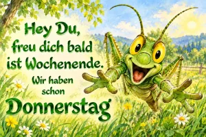 Lachender Grashüpfer springt mit ausgebreiteten Armen über eine Wiese, Text: Hey Du, freu dich bald ist Wochenende. Wir haben schon Donnerstag
