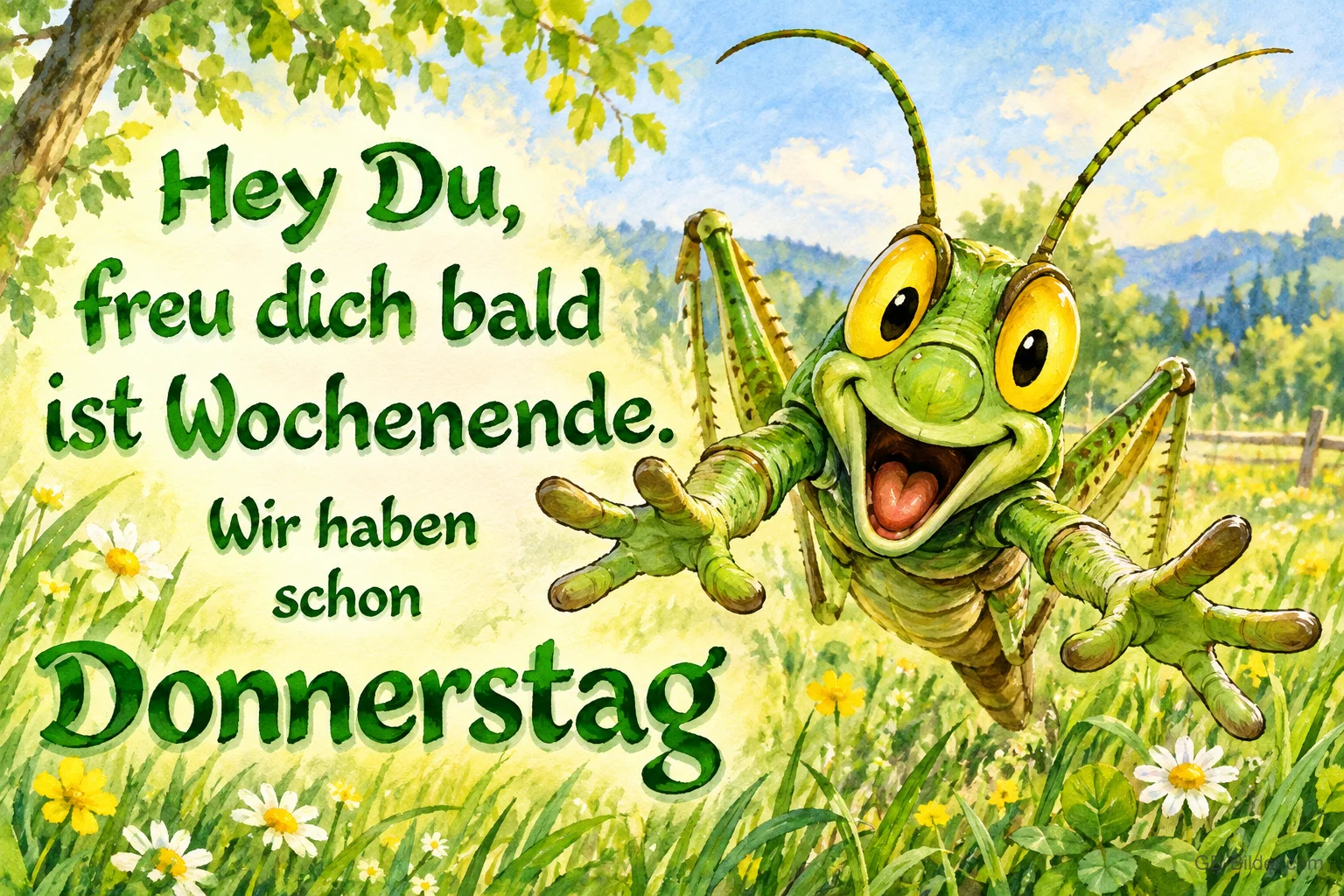 Lachender Grashüpfer springt mit ausgebreiteten Armen über eine Wiese, Text: Hey Du, freu dich bald ist Wochenende. Wir haben schon Donnerstag