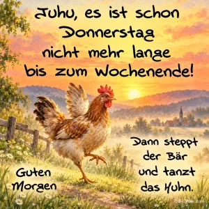 Huhn tanzt auf einem Feldweg bei Sonnenaufgang, Text: Juhu, es ist schon Donnerstag – nicht mehr lange bis zum Wochenende! Dann steppt der Bär und tanzt das Huhn. Guten Morgen