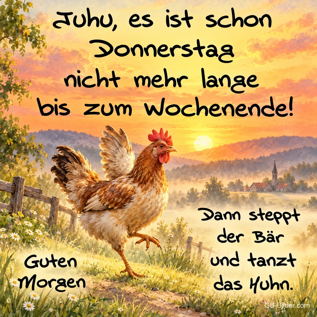Huhn tanzt auf einem Feldweg bei Sonnenaufgang, Text: Juhu, es ist schon Donnerstag – nicht mehr lange bis zum Wochenende! Dann steppt der Bär und tanzt das Huhn. Guten Morgen Huhn tanzt auf einem Feldweg bei Sonnenaufgang, Text: Juhu, es ist schon Donnerstag – nicht mehr lange bis zum Wochenende! Dann steppt der Bär und tanzt das Huhn. Guten Morgen