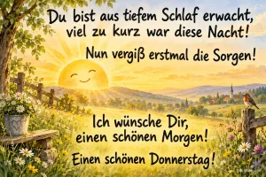 Lächelnde Sonne über einer Landschaft, daneben ein Rotkehlchen, Text: Du bist aus tiefem Schlaf erwacht, viel zu kurz war diese Nacht! Nun vergiß erstmal die Sorgen! Ich wünsche Dir einen schönen Morgen! Einen schönen Donnerstag!