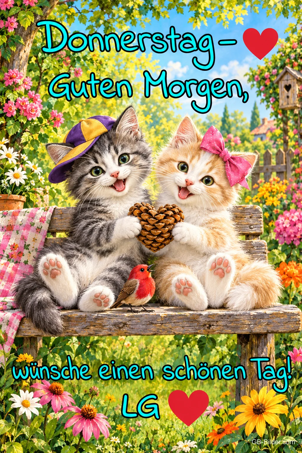 Zwei Kätzchen mit Mütze und Schleife halten ein Herz aus Zapfen, Text: Donnerstag – Guten Morgen, wünsche einen schönen Tag! LG