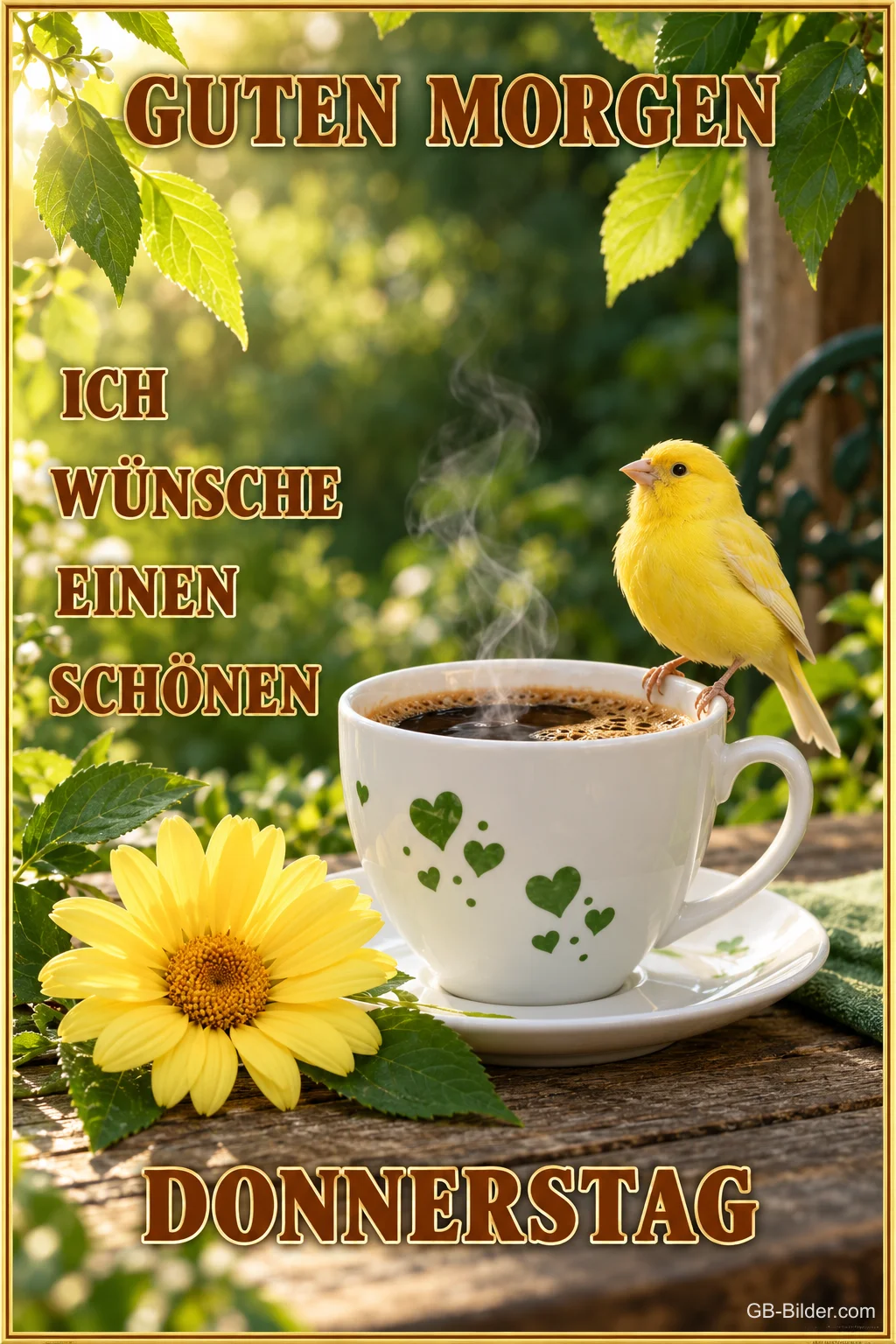 Kanarienvogel auf einer Kaffeetasse im Garten, Text: Guten Morgen – Ich wünsche einen schönen Donnerstag