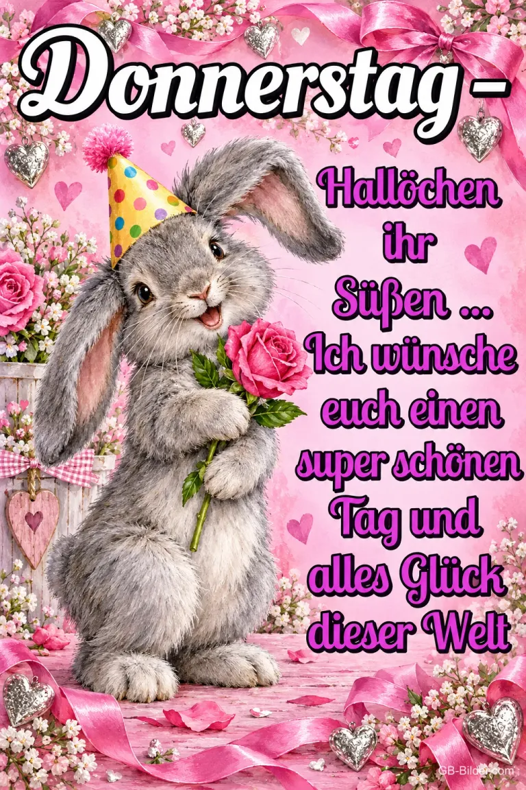 Grauer Hase mit Partyhut hält eine rosa Rose, Text: Donnerstag – Hallöchen ihr Süßen … Ich wünsche euch einen super schönen Tag und alles Glück dieser Welt