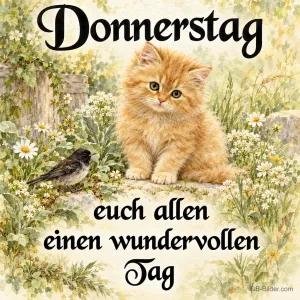 Rotes Kätzchen zwischen Margeriten, Text: Donnerstag – euch allen einen wundervollen Tag