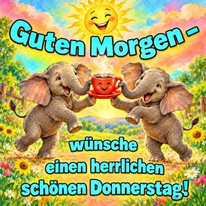 Zwei Elefanten halten tanzend eine lachende Kaffeetasse, Text: Guten Morgen – wünsche einen herrlichen schönen Donnerstag!