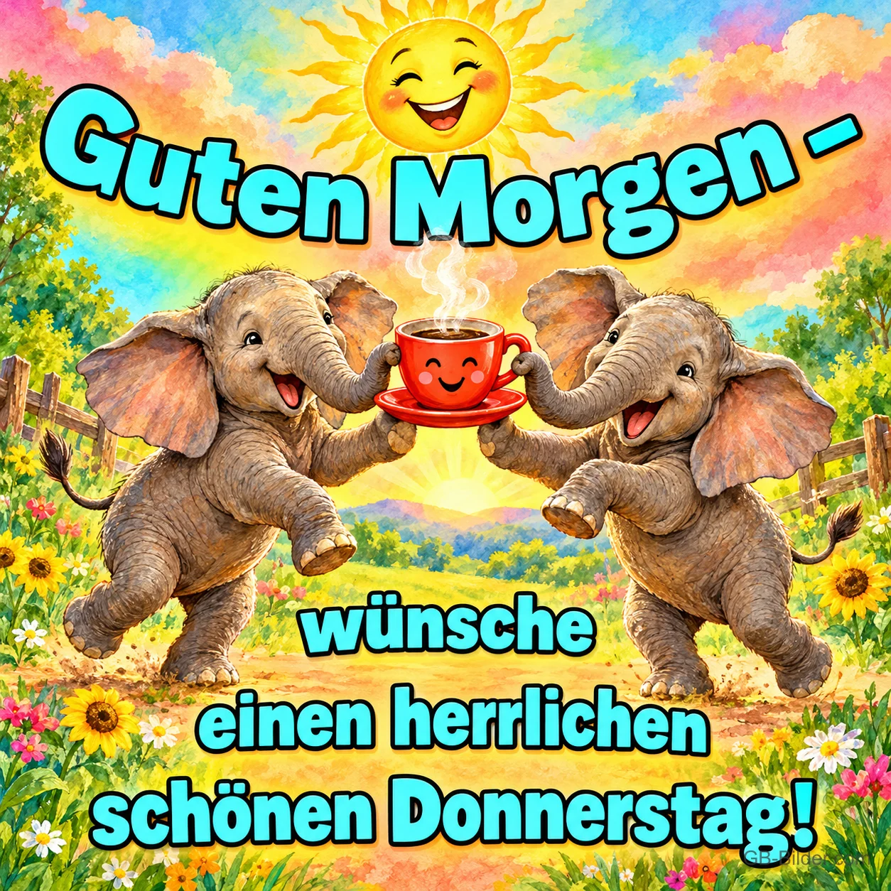 Zwei Elefanten halten tanzend eine lachende Kaffeetasse, Text: Guten Morgen – wünsche einen herrlichen schönen Donnerstag!