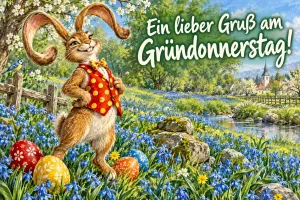 Hase in gepunkteter Weste zwischen Ostereiern und Blausternen, Text: Ein lieber Gruß am Gründonnerstag!