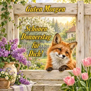 Fuchs schaut durch ein Holzfenster, Text: Guten Morgen – Schönen Donnerstag für dich!