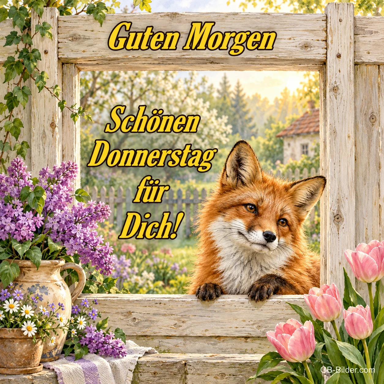 Fuchs schaut durch ein Holzfenster, Text: Guten Morgen – Schönen Donnerstag für dich!