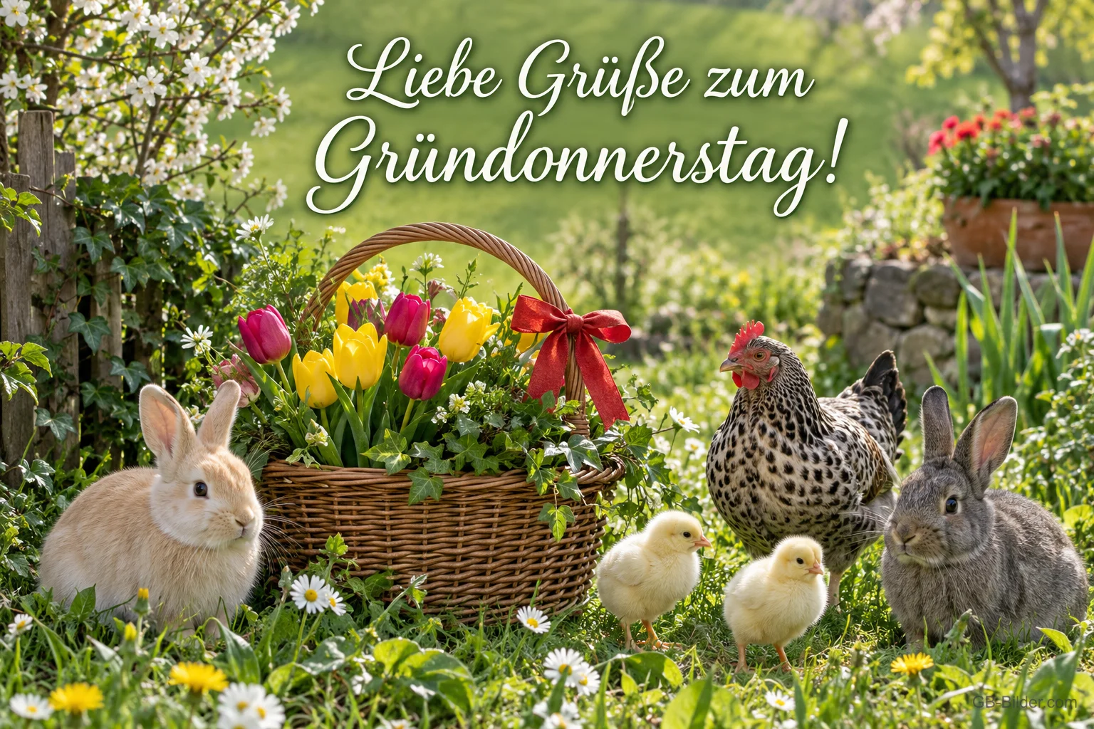 Hasen, Hühner und Küken um einen Tulpenkorb, Text: Liebe Grüße zum Gründonnerstag! Hasen, Hühner und Küken um einen Tulpenkorb, Text: Liebe Grüße zum Gründonnerstag!