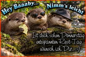 Drei Otter mit Sonnenbrille und Hut am Wasser, Text: Hey Baaaby, nimm’s leicht. Ist doch schon Donnerstag