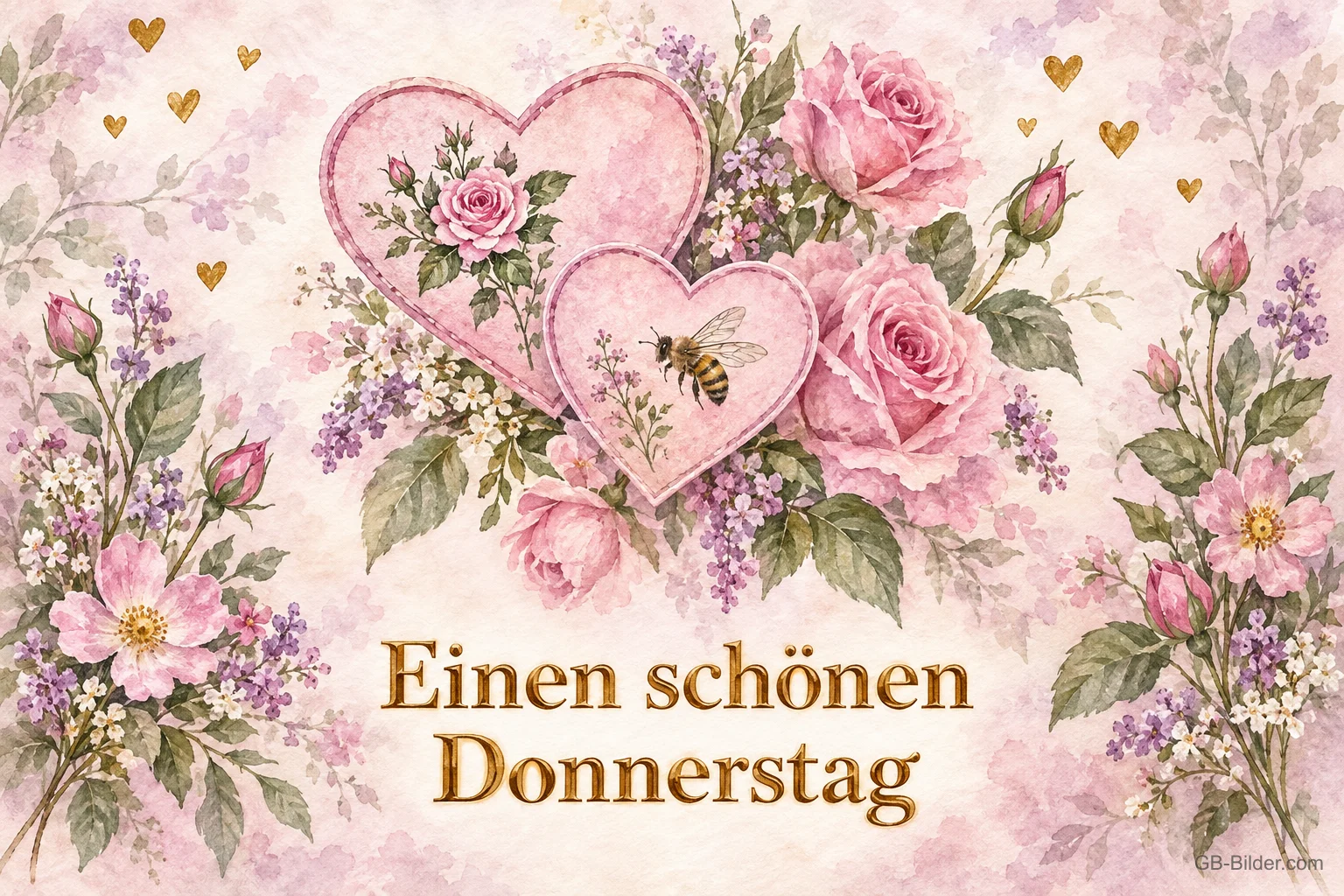 Herzen mit Biene zwischen rosa Rosen, Text: Einen schönen Donnerstag