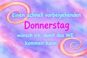 Lila-rosa Aquarellhintergrund mit Spiralen, Text: Einen schnell vorbeigehenden Donnerstag wünsch ich, damit das WE kommen kann
