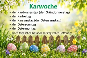 Ostereier vor einem Holzzaun, Text: Karwoche. Einen friedlichen Gründonnerstag voller Hoffnung!