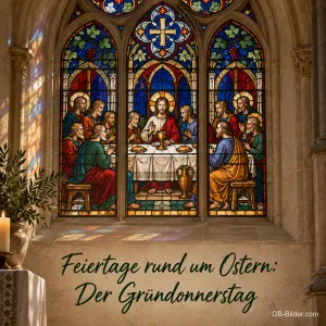 Kirchenfenster mit dem letzten Abendmahl, Text: Feiertage rund um Ostern: Der Gründonnerstag