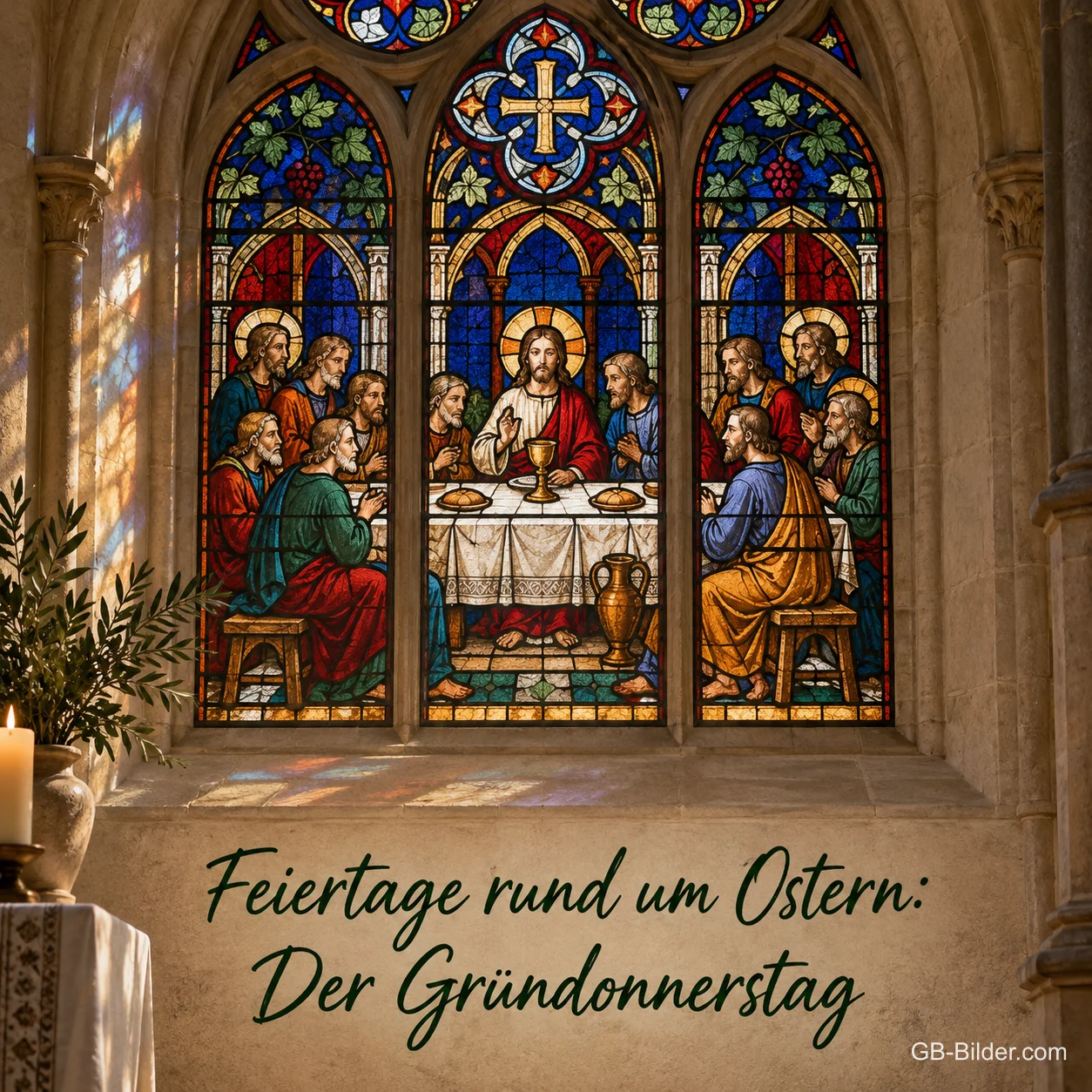Kirchenfenster mit dem letzten Abendmahl, Text: Feiertage rund um Ostern: Der Gründonnerstag Kirchenfenster mit dem letzten Abendmahl, Text: Feiertage rund um Ostern: Der Gründonnerstag