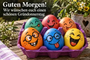 Bunte Ostereier mit lachenden Gesichtern und Brillen in einem lila Eierkarton, Text: Guten Morgen! Wir wünschen euch einen schönen Gründonnerstag