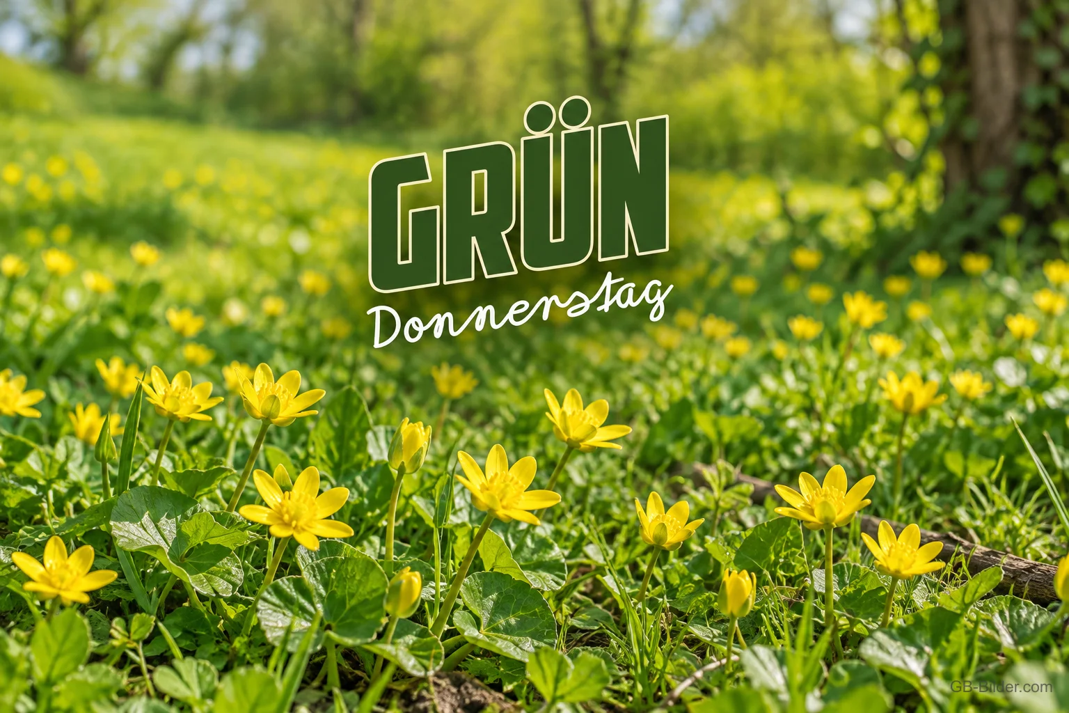 Gelbe Blüten auf einer Frühlingswiese, Text: Grün Donnerstag Gelbe Blüten auf einer Frühlingswiese, Text: Grün Donnerstag