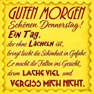 Gelber Briefmarkenrahmen mit Gedicht, Text: Guten Morgen – Schönen Donnerstag! Drum lache viel und vergiss mich nicht.