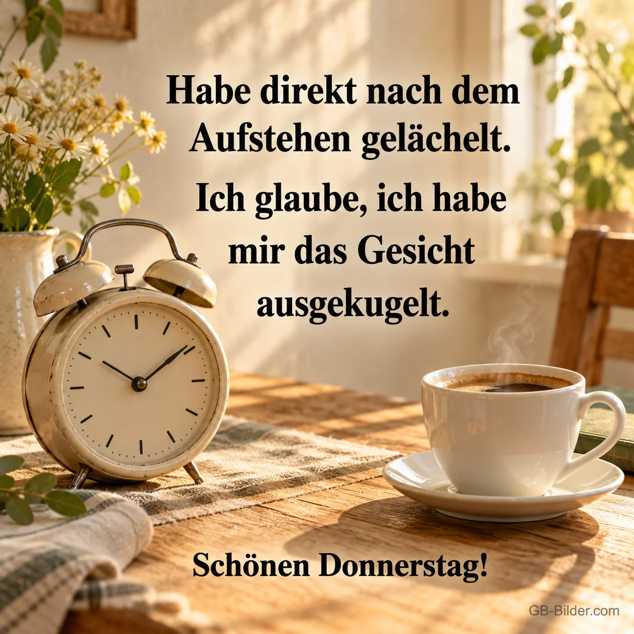 Wecker und Kaffeetasse in der Morgensonne, lustiger Spruch, Schönen Donnerstag!