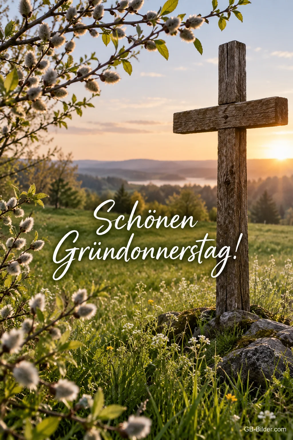 Holzkreuz auf grüner Wiese mit Weidenkätzchen, Text: Schönen Gründonnerstag! Holzkreuz auf grüner Wiese mit Weidenkätzchen, Text: Schönen Gründonnerstag!