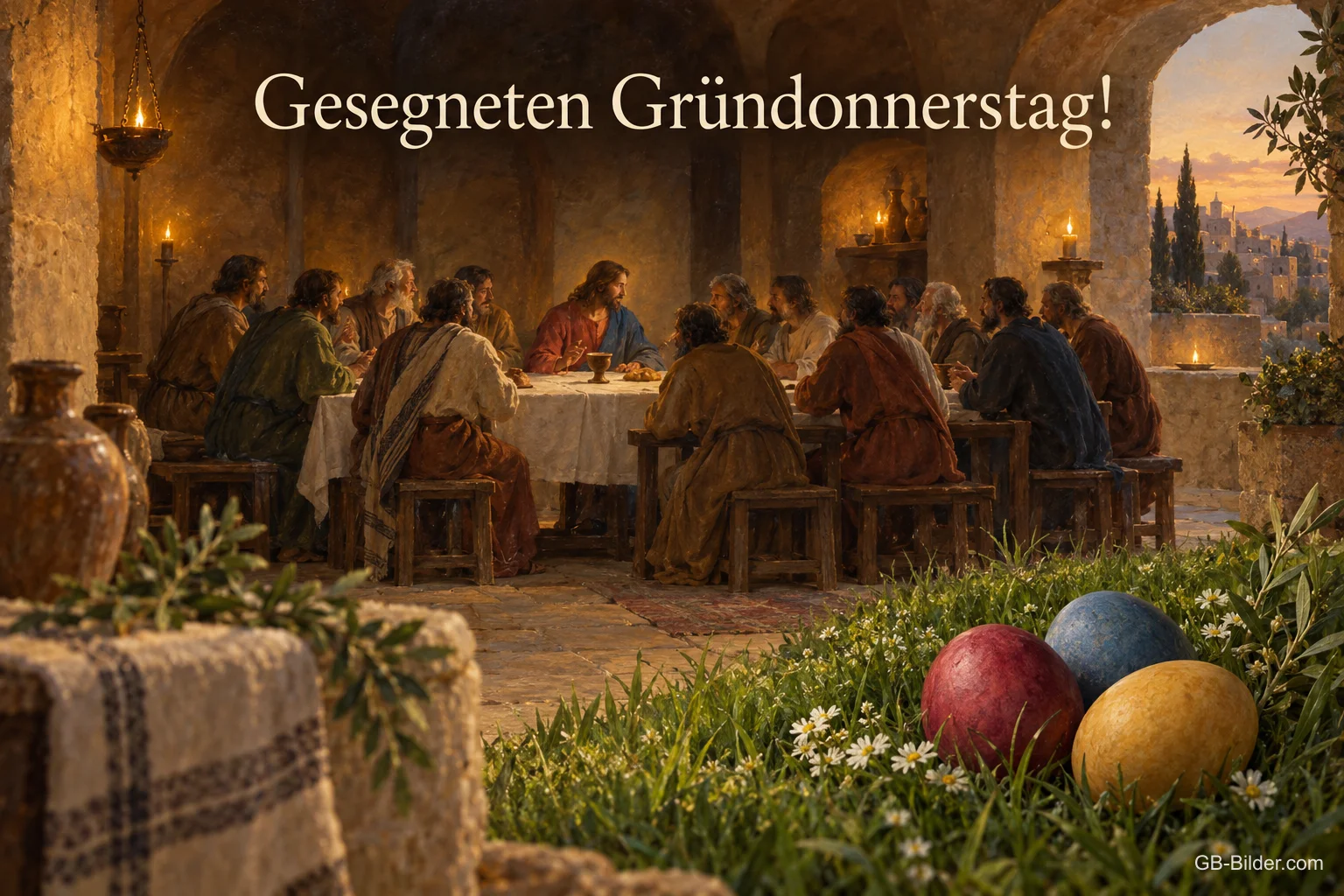 Lange Tafel im Gewölbe mit Ostereiern, Text: Gesegneten Gründonnerstag Lange Tafel im Gewölbe mit Ostereiern, Text: Gesegneten Gründonnerstag