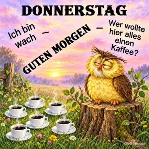 Zerzauste Eule auf einem Baumstumpf zwischen vielen Kaffeetassen, Text: DONNERSTAG – Ich bin wach – GUTEN MORGEN – Wer wollte hier alles einen Kaffee?