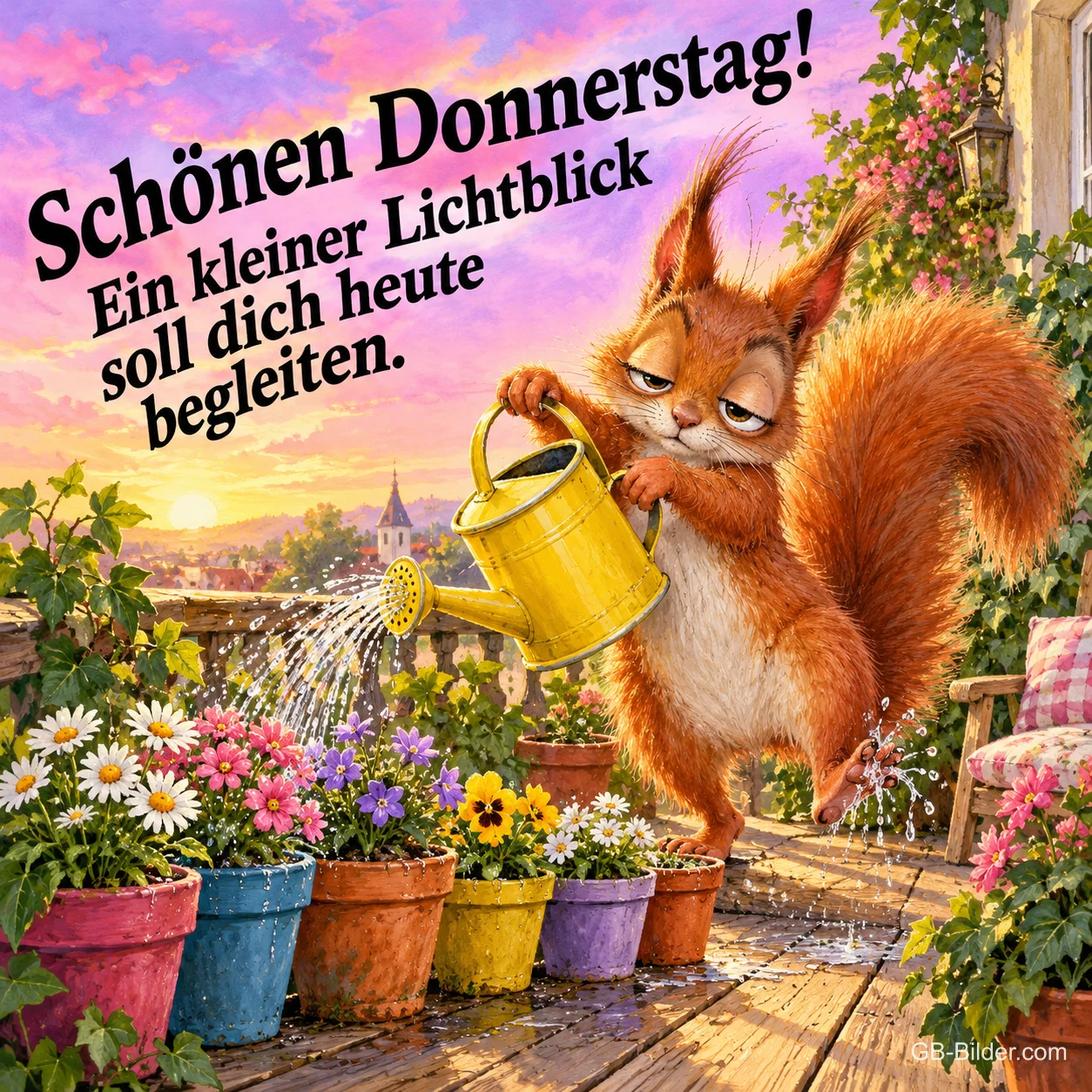 Verschlafenes Eichhörnchen gießt bunte Blumentöpfe auf der Terrasse, Text: Schönen Donnerstag! Ein kleiner Lichtblick soll dich heute begleiten.